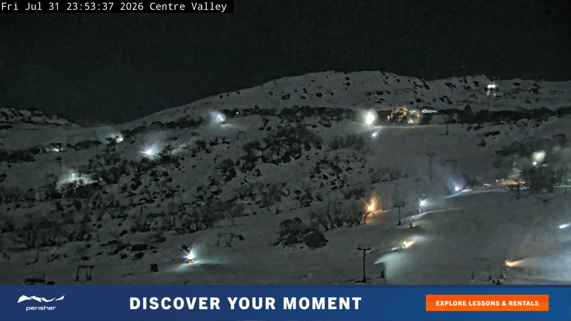 Perisher Centre Valley and Mt Perisher snow cam captured at 31 July 2026 at 11:54 pm AEST