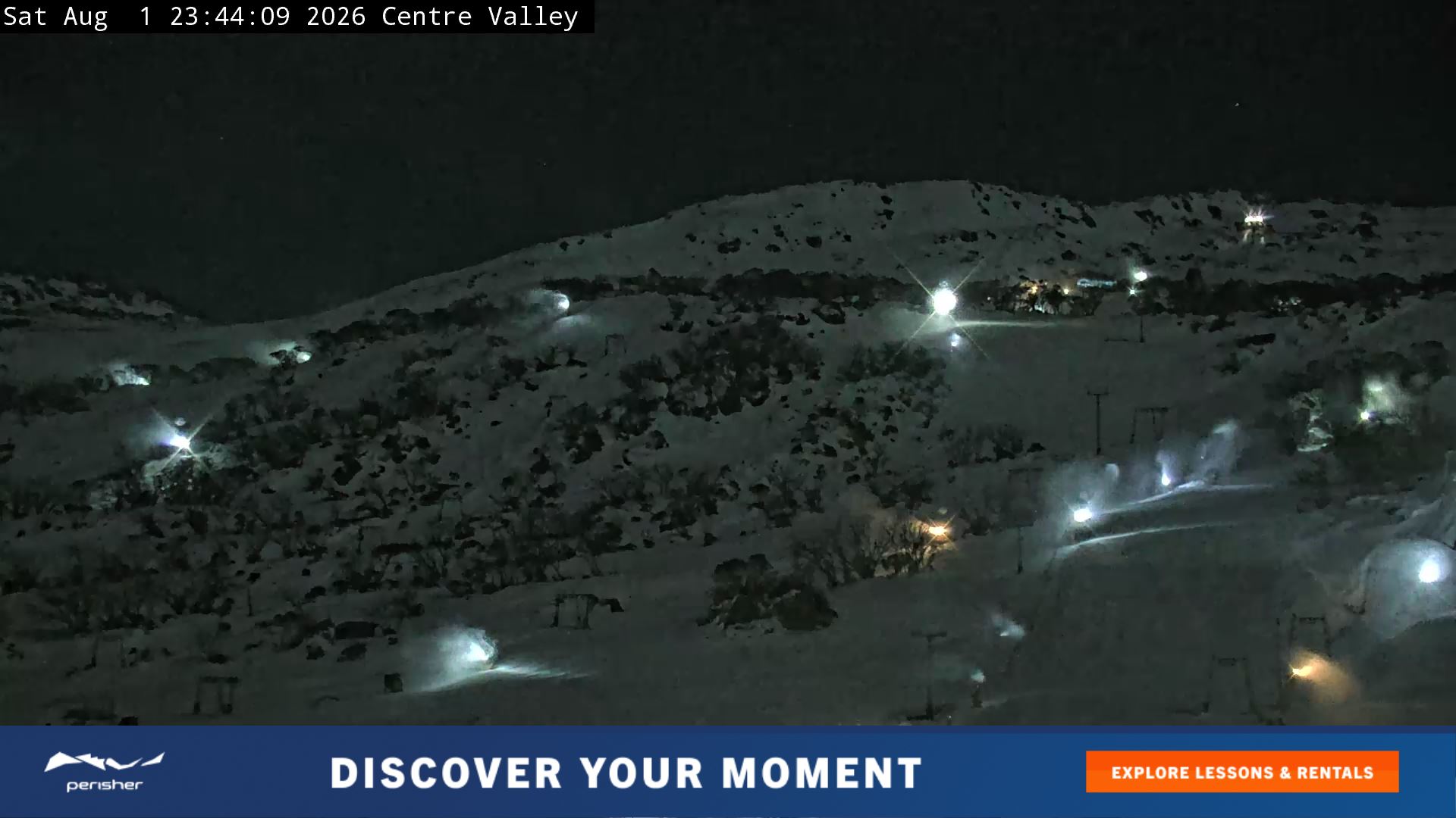 Perisher Centre Valley and Mt Perisher snow cam captured at 1 August 2026 at 11:53 pm AEST