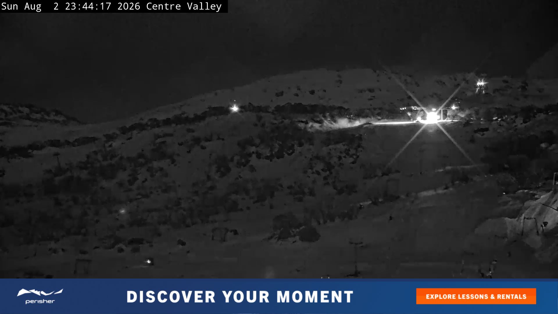 Perisher Centre Valley and Mt Perisher snow cam captured at 2 August 2026 at 11:52 pm AEST