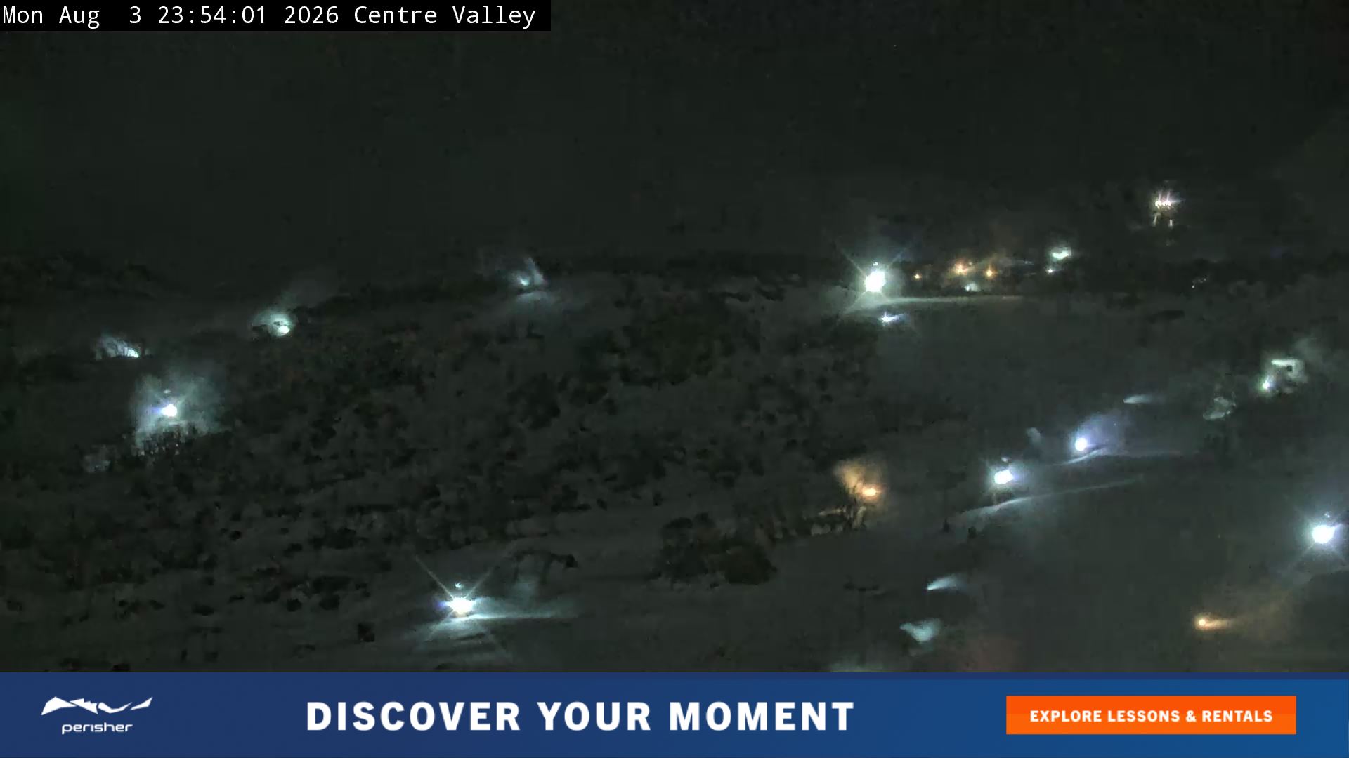 Perisher Centre Valley and Mt Perisher snow cam captured at 3 August 2026 at 11:54 pm AEST