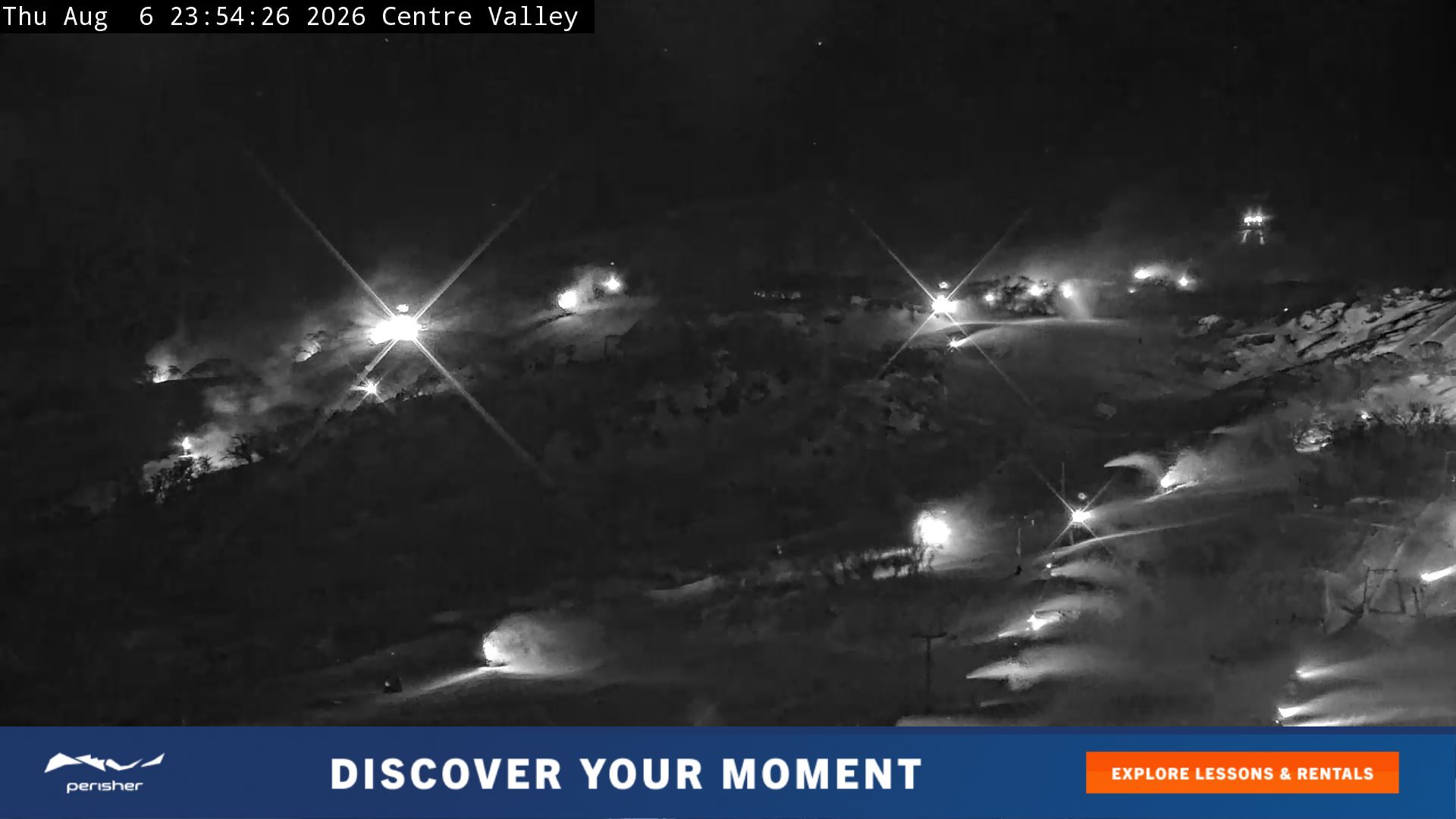 Perisher Centre Valley and Mt Perisher snow cam captured at 6 August 2026 at 11:58 pm AEST