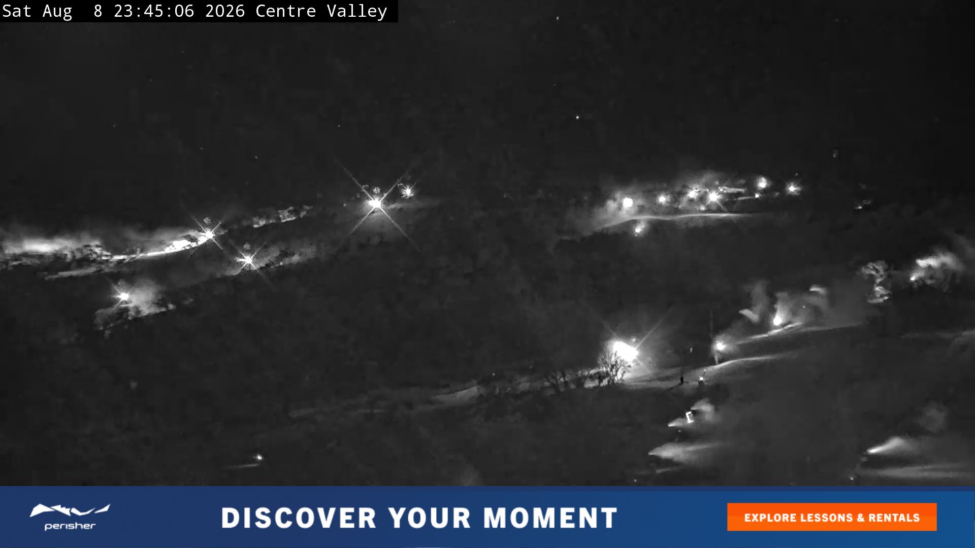 Perisher Centre Valley and Mt Perisher snow cam captured at 8 August 2026 at 11:49 pm AEST