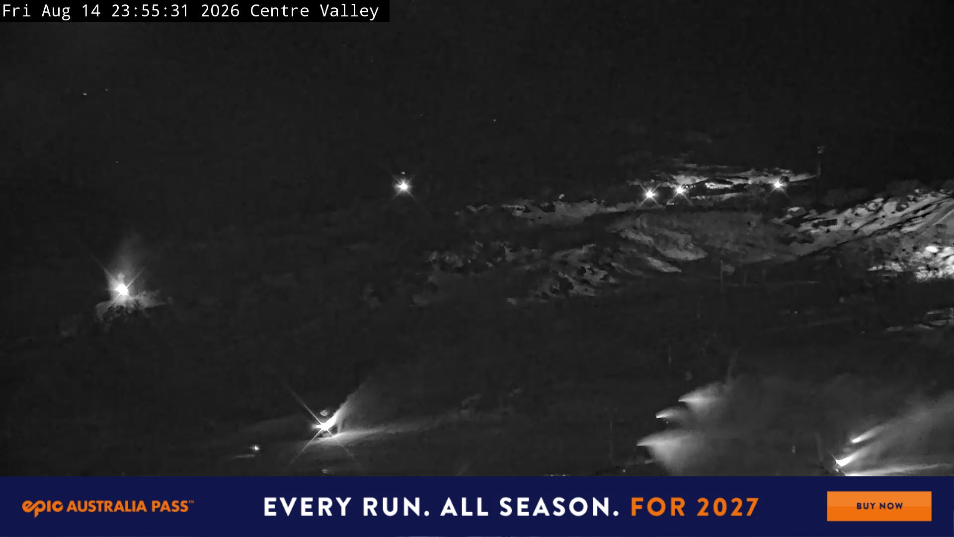 Perisher Centre Valley and Mt Perisher snow cam captured at 14 August 2026 at 11:56 pm AEST