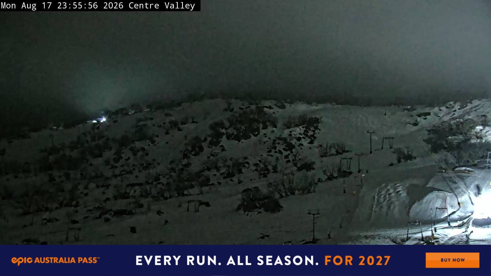 Perisher Centre Valley and Mt Perisher snow cam captured at 17 August 2026 at 11:58 pm AEST
