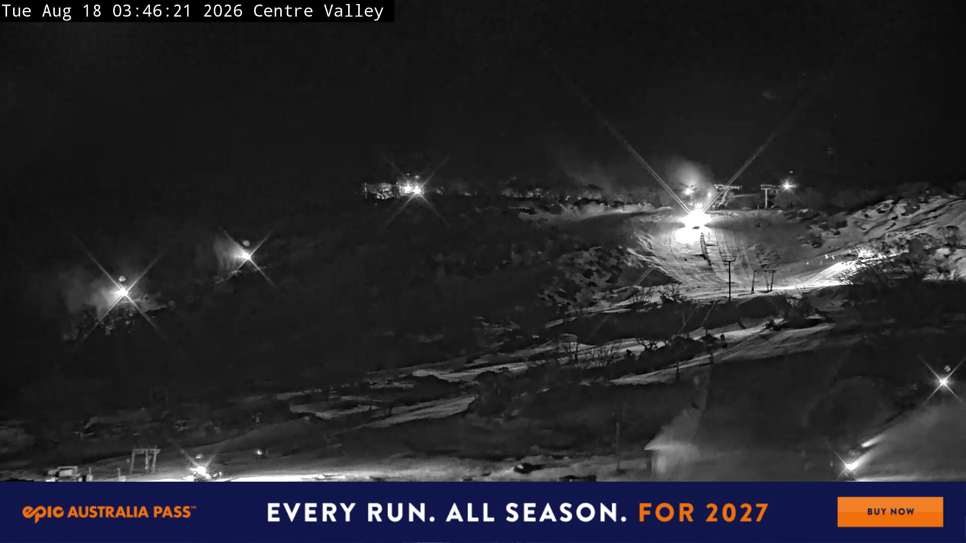 Perisher Centre Valley and Mt Perisher snow cam captured at 18 August 2026 at 3:49 am AEST