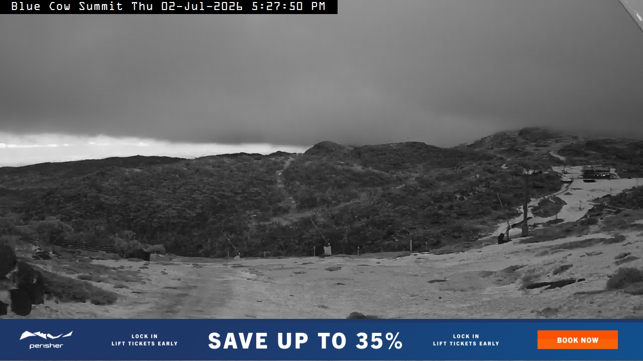 Perisher Blue Cow Summit snow cam captured at 2 July 2026 at 5:29 pm AEST