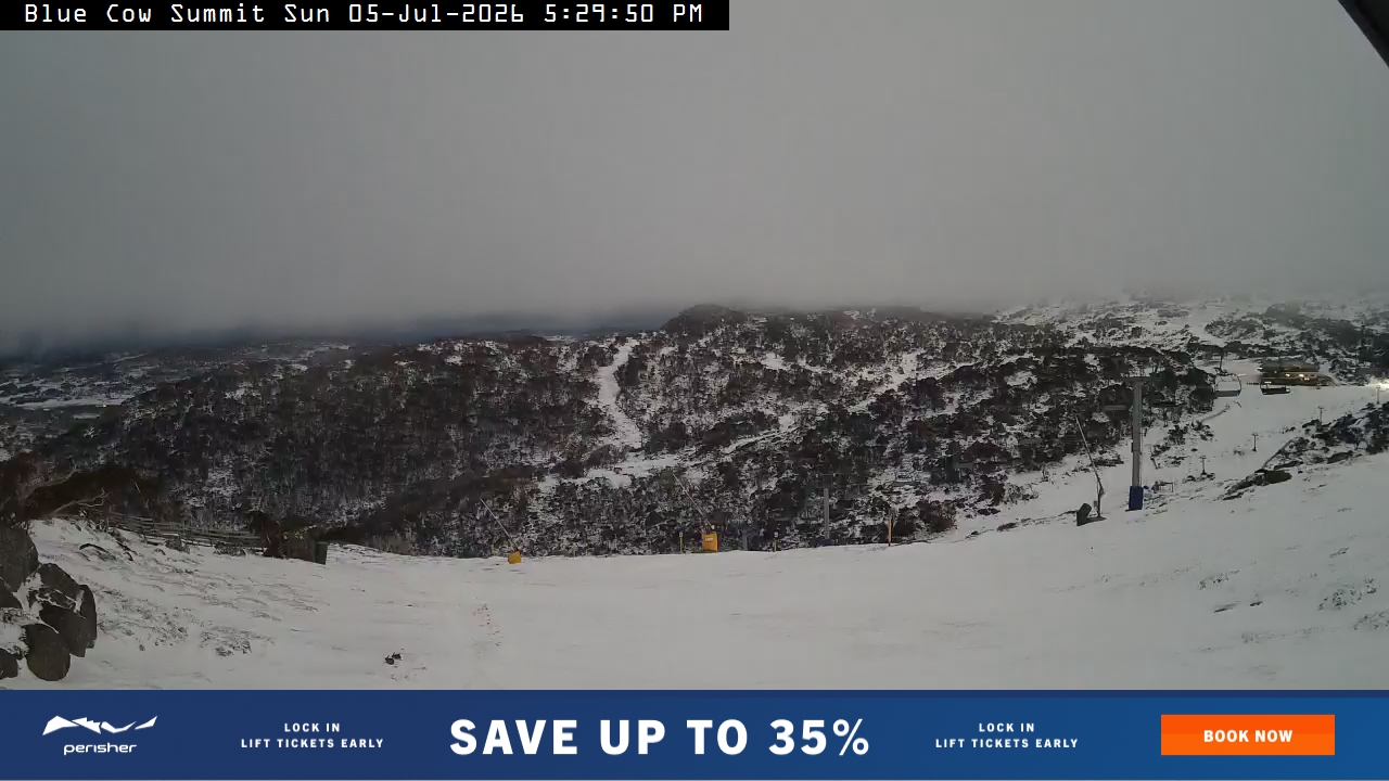 Perisher Blue Cow Summit snow cam captured at 5 July 2026 at 5:30 pm AEST