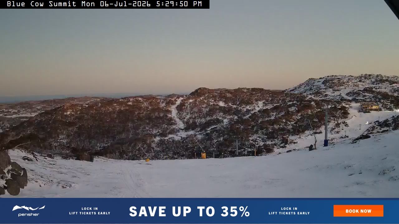 Perisher Blue Cow Summit snow cam captured at 6 July 2026 at 5:31 pm AEST