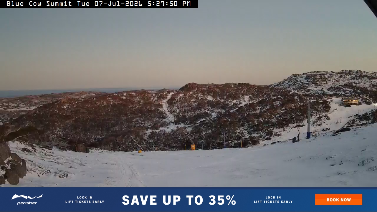 Perisher Blue Cow Summit snow cam captured at 7 July 2026 at 5:32 pm AEST