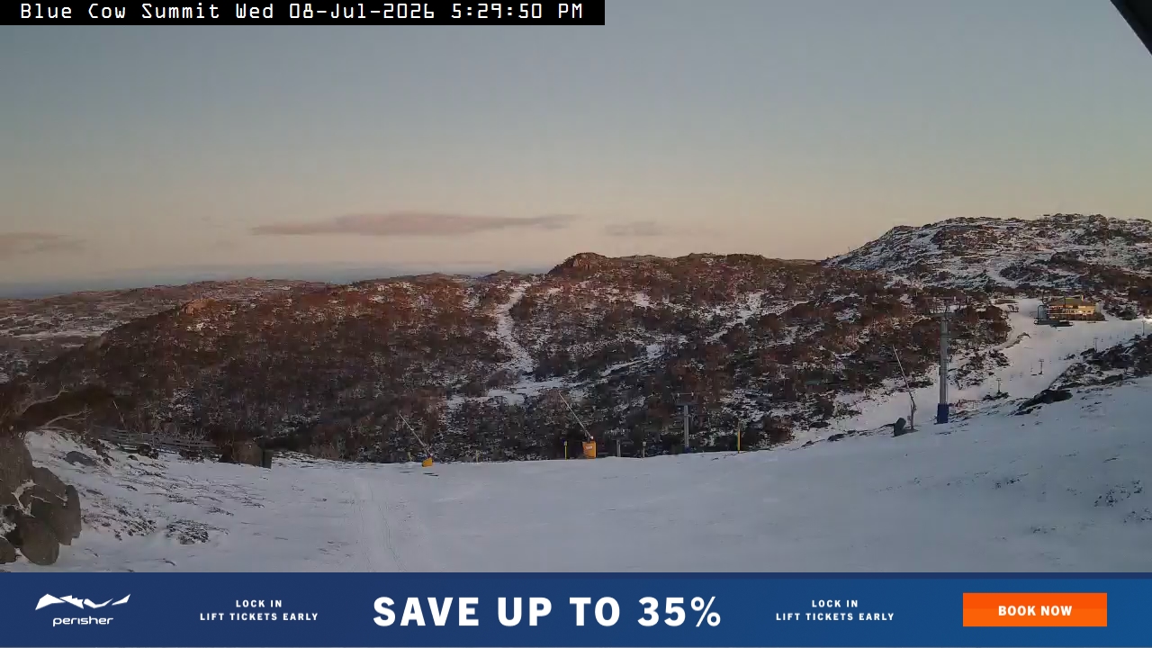 Perisher Blue Cow Summit snow cam captured at 8 July 2026 at 5:33 pm AEST