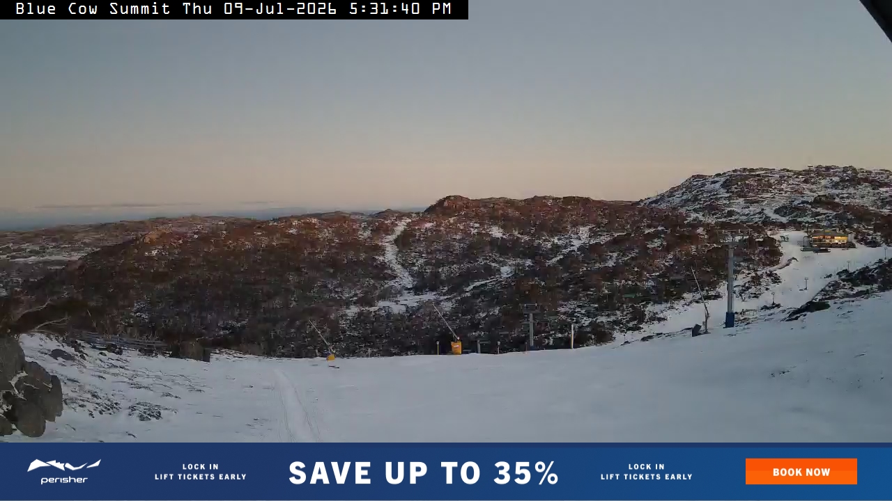 Perisher Blue Cow Summit snow cam captured at 9 July 2026 at 5:34 pm AEST