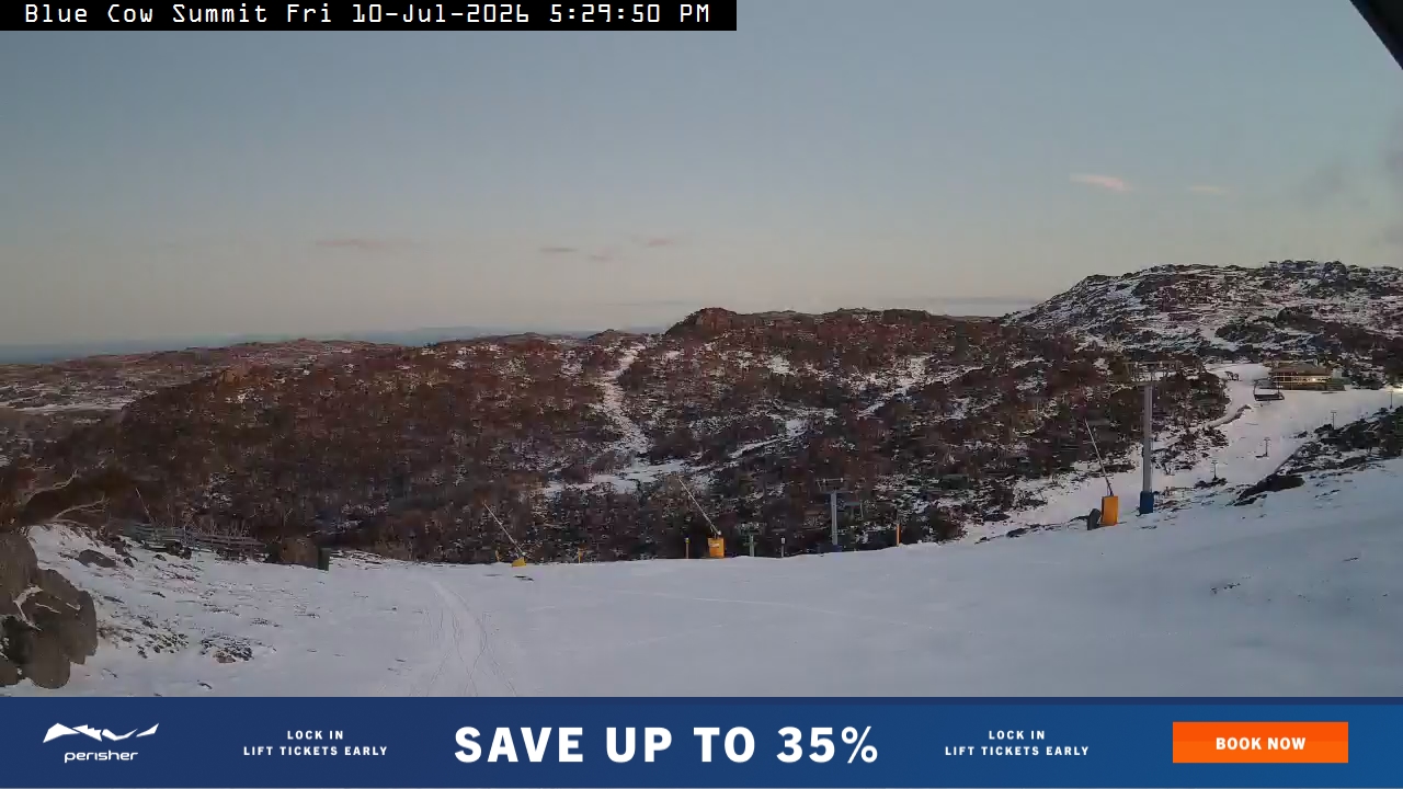 Perisher Blue Cow Summit snow cam captured at 10 July 2026 at 5:35 pm AEST