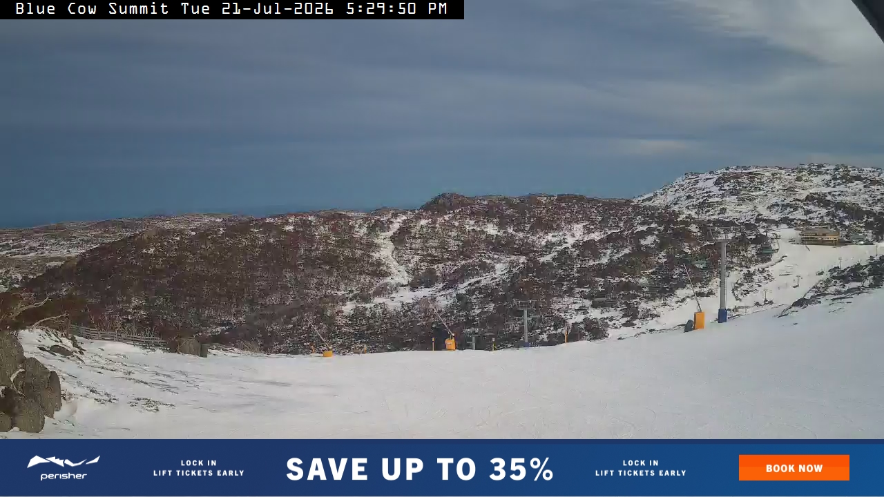 Perisher Blue Cow Summit snow cam captured at 21 July 2026 at 5:38 pm AEST