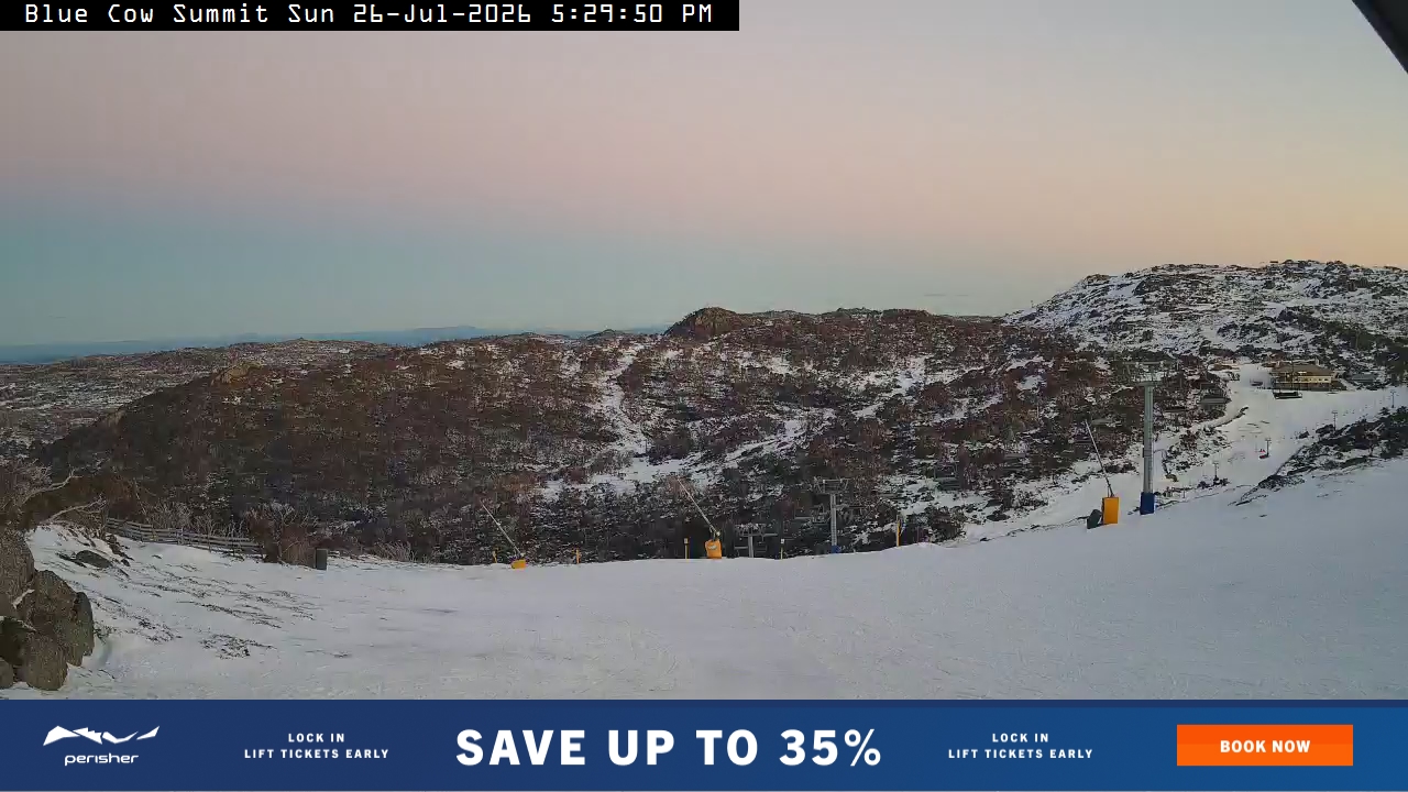 Perisher Blue Cow Summit snow cam captured at 26 July 2026 at 5:35 pm AEST
