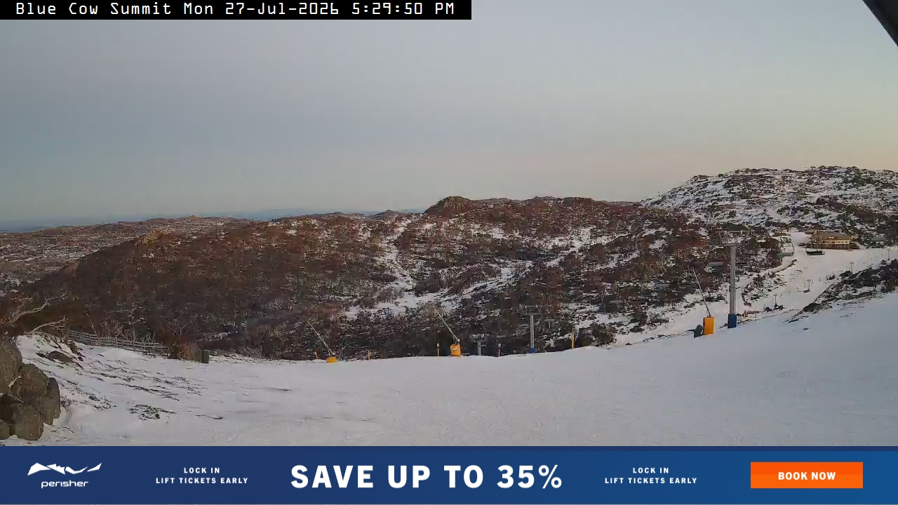 Perisher Blue Cow Summit snow cam captured at 27 July 2026 at 5:36 pm AEST