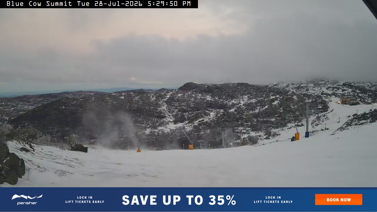 Perisher Blue Cow Summit snow cam captured at 28 July 2026 at 5:38 pm AEST