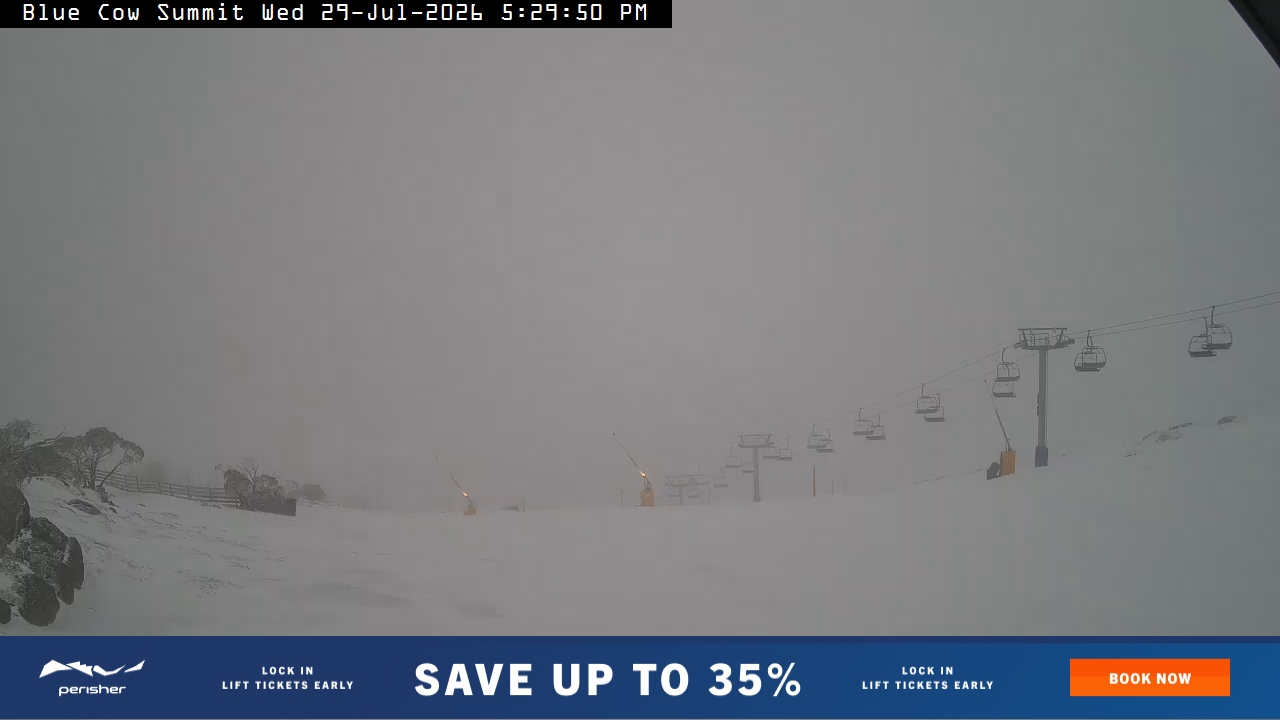 Perisher Blue Cow Summit snow cam captured at 29 July 2026 at 5:39 pm AEST