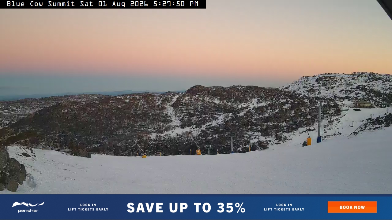 Perisher Blue Cow Summit snow cam captured at 1 August 2026 at 5:30 pm AEST