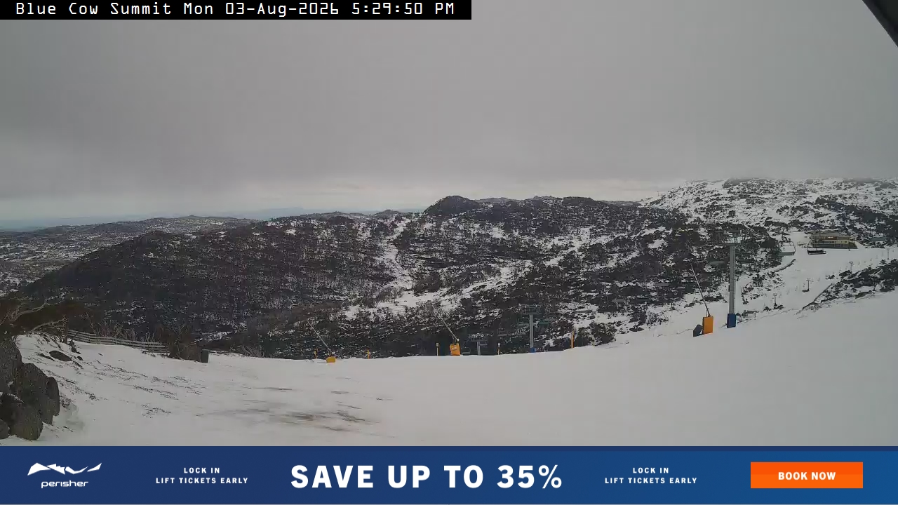 Perisher Blue Cow Summit snow cam captured at 3 August 2026 at 5:31 pm AEST