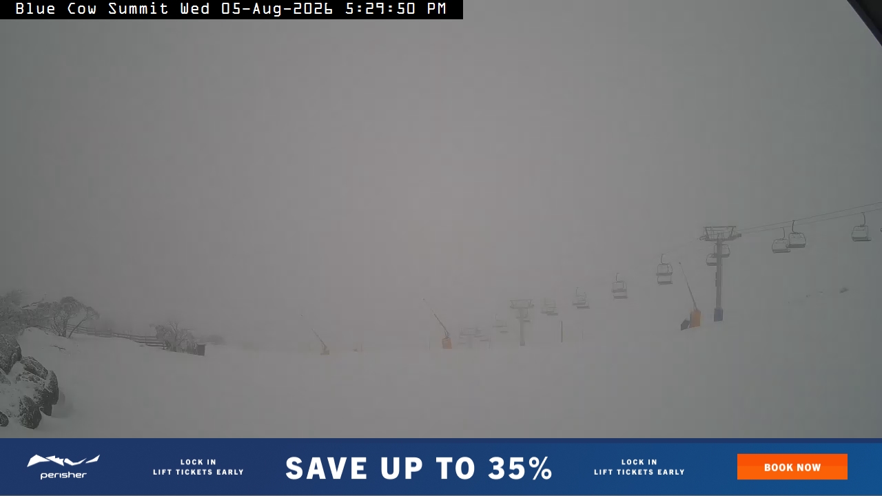 Perisher Blue Cow Summit snow cam captured at 5 August 2026 at 5:33 pm AEST