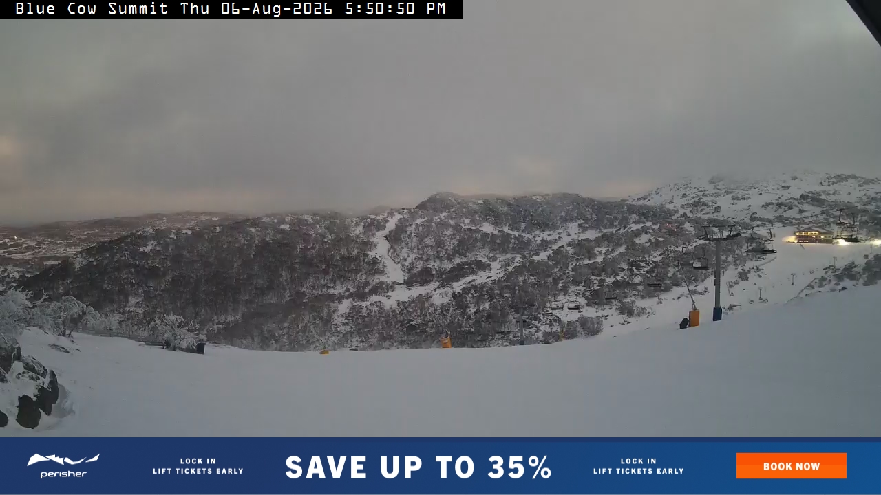 Perisher Blue Cow Summit snow cam captured at 6 August 2026 at 5:56 pm AEST