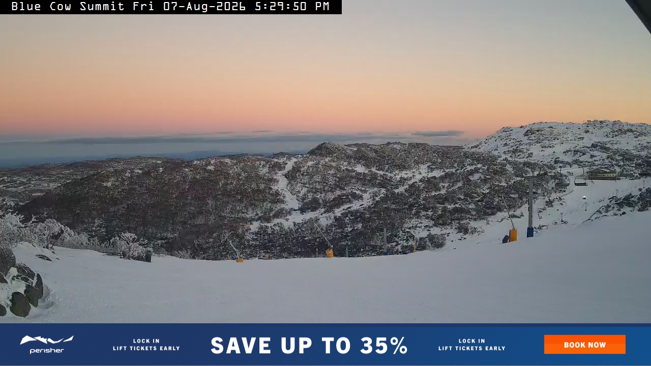 Perisher Blue Cow Summit snow cam captured at 7 August 2026 at 5:35 pm AEST