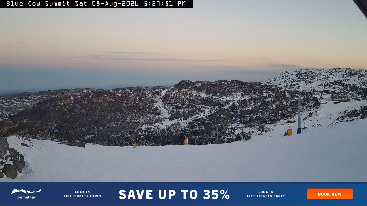 Perisher Blue Cow Summit snow cam captured at 8 August 2026 at 5:36 pm AEST