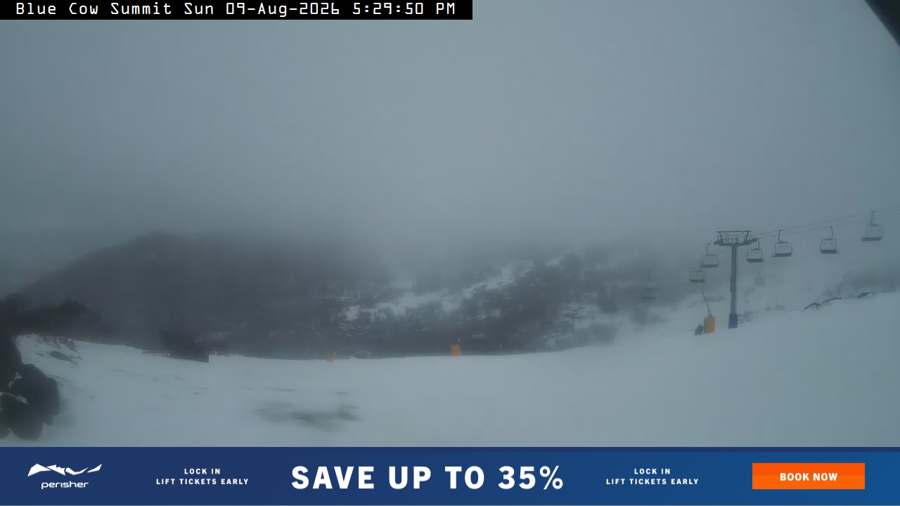 Perisher Blue Cow Summit snow cam captured at 9 August 2026 at 5:38 pm AEST