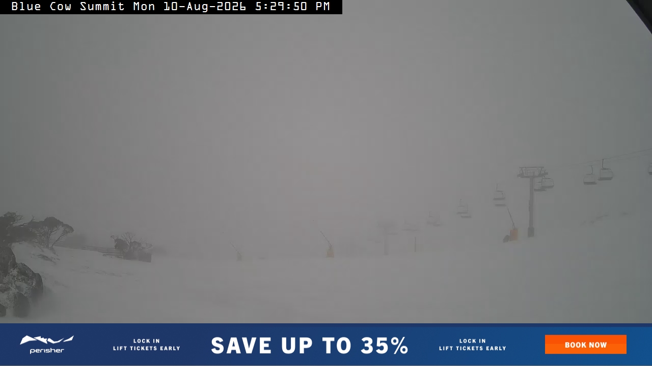 Perisher Blue Cow Summit snow cam captured at 10 August 2026 at 5:39 pm AEST