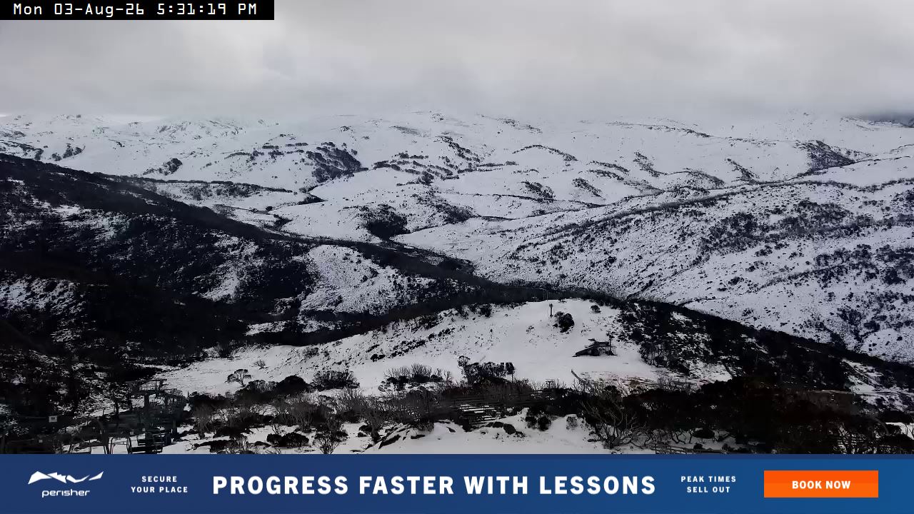 Perisher Top of Freedom snow cam captured at 3 August 2026 at 5:39 pm AEST