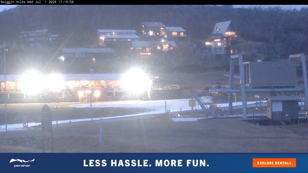 Perisher Smiggin Holes snow cam captured at 1 July 2026 at 5:23 pm AEST