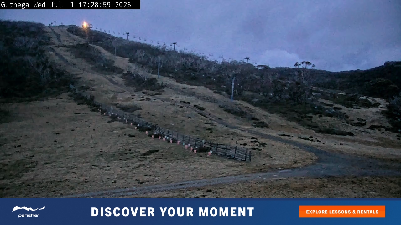 Perisher Guthega snow cam captured at 1 July 2026 at 5:29 pm AEST