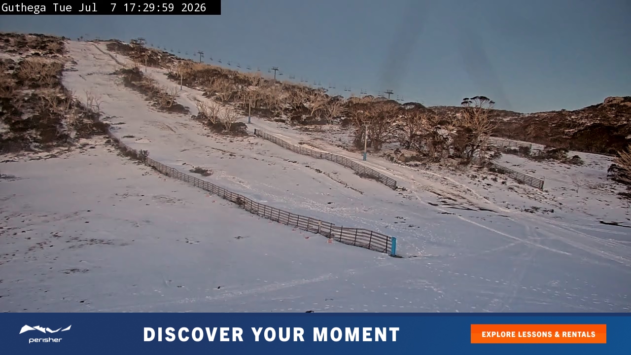 Perisher Guthega snow cam captured at 7 July 2026 at 5:32 pm AEST