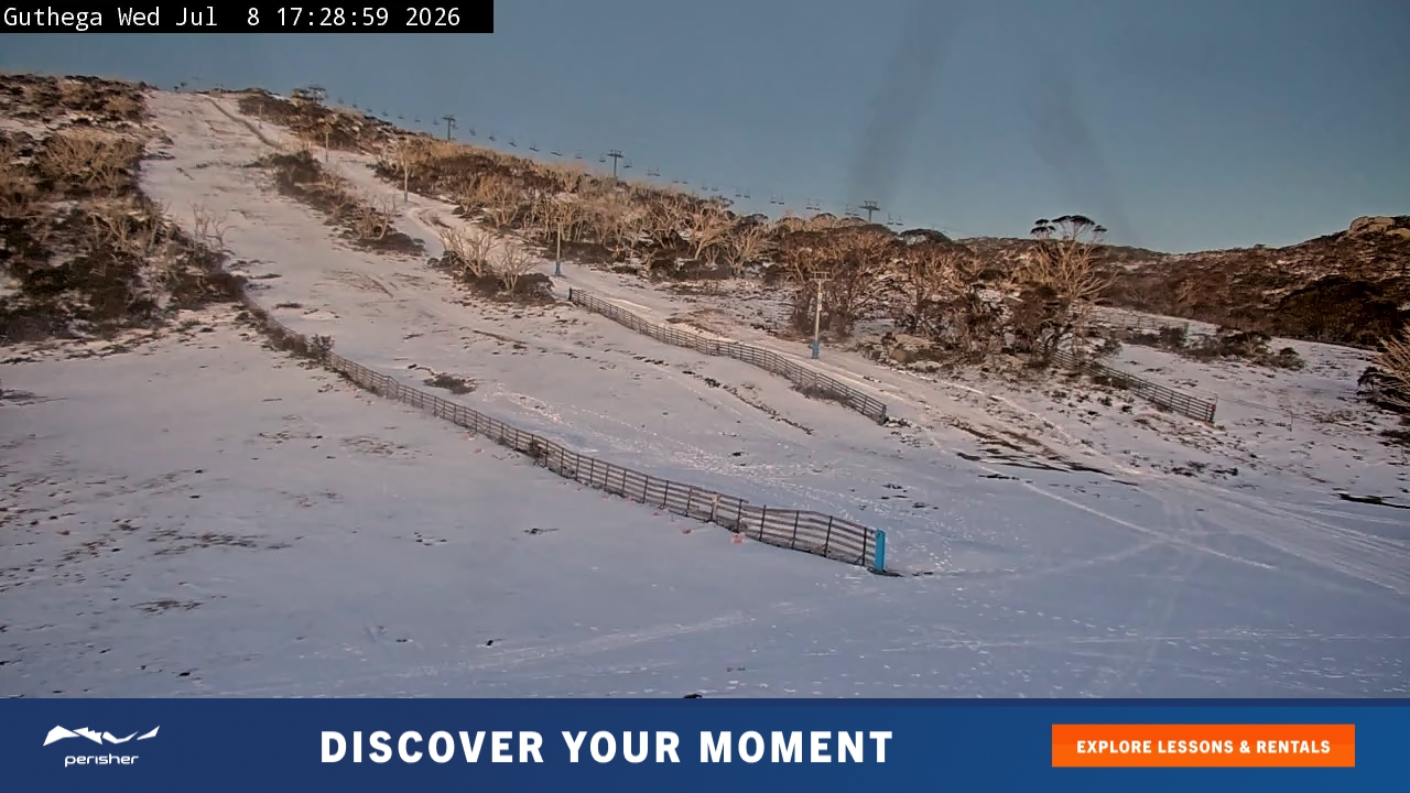 Perisher Guthega snow cam captured at 8 July 2026 at 5:33 pm AEST