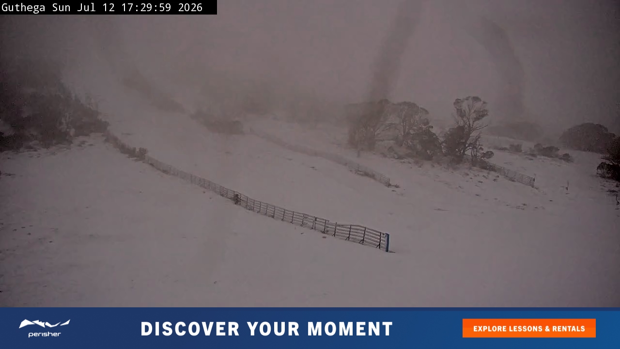 Perisher Guthega snow cam captured at 12 July 2026 at 5:36 pm AEST