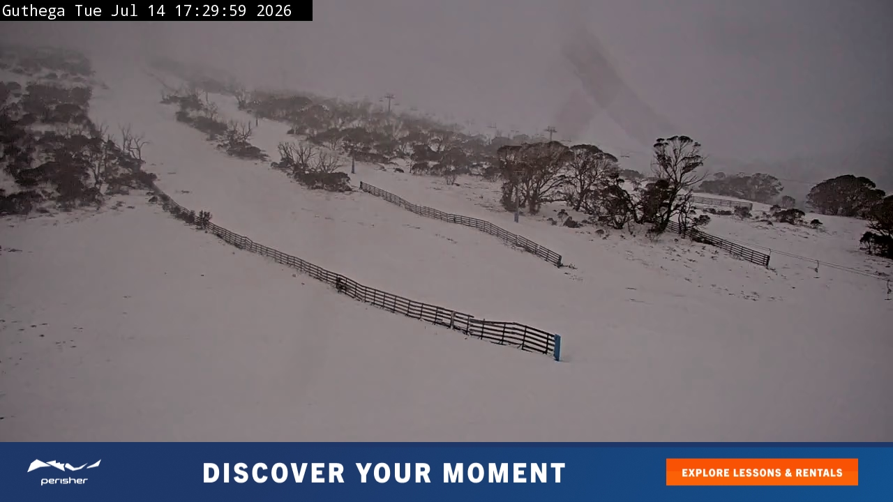 Perisher Guthega snow cam captured at 14 July 2026 at 5:39 pm AEST