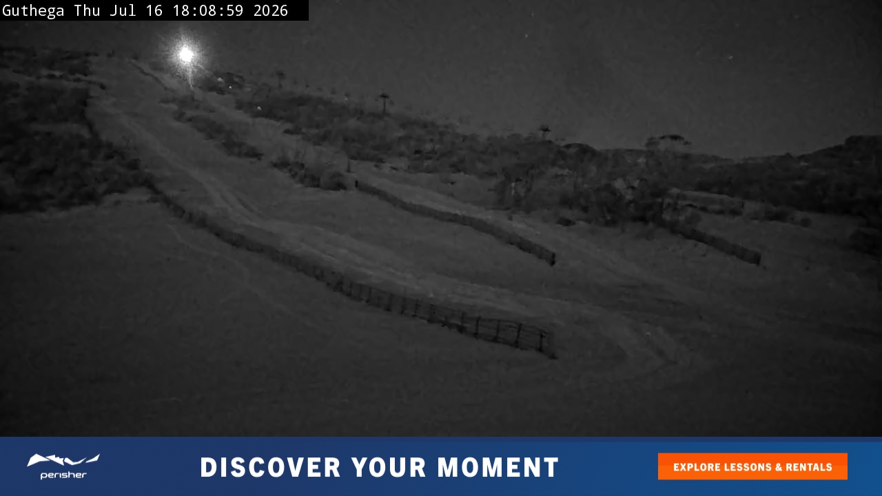 Perisher Guthega snow cam captured at 16 July 2026 at 6:14 pm AEST