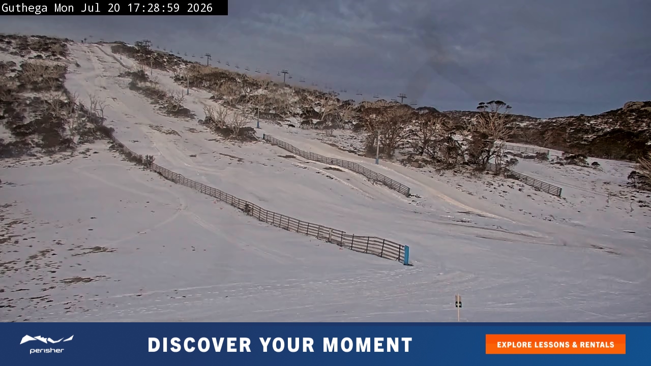 Perisher Guthega snow cam captured at 20 July 2026 at 5:34 pm AEST