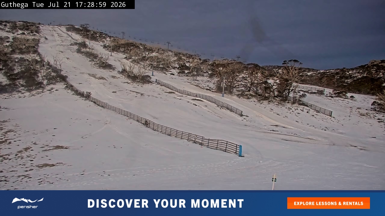 Perisher Guthega snow cam captured at 21 July 2026 at 5:38 pm AEST