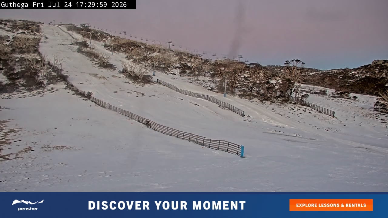 Perisher Guthega snow cam captured at 24 July 2026 at 5:30 pm AEST