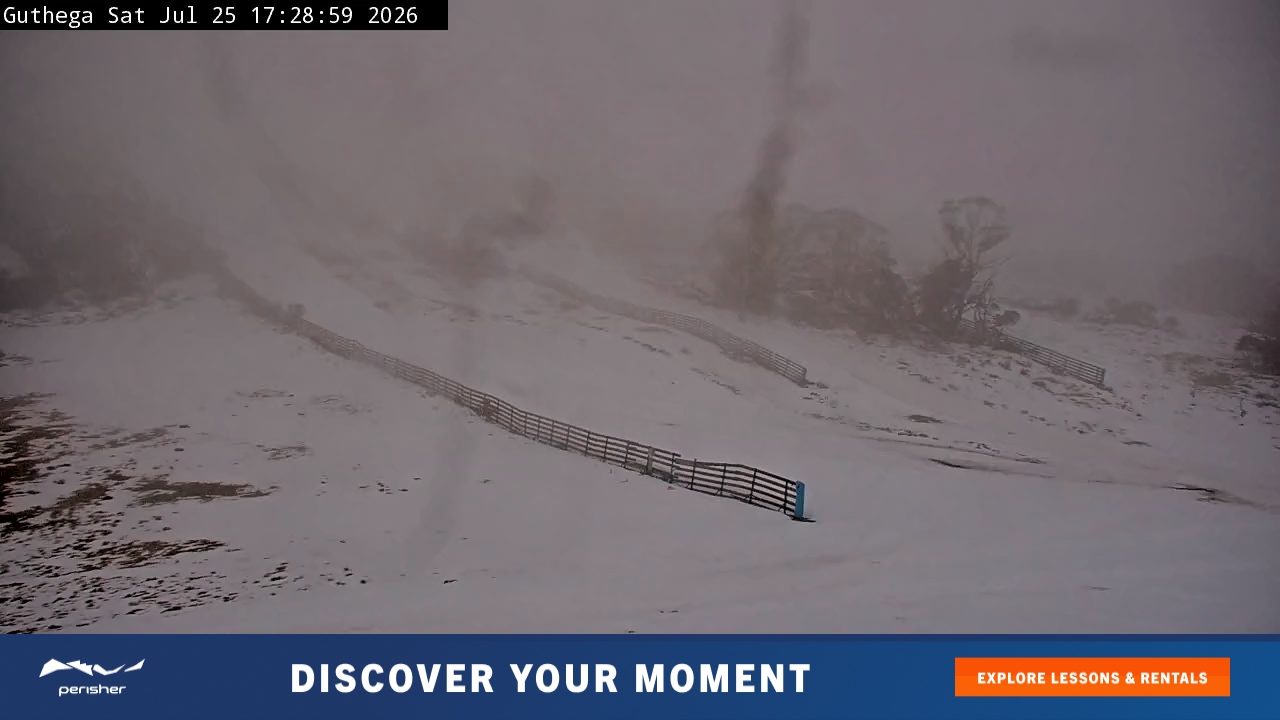 Perisher Guthega snow cam captured at 25 July 2026 at 5:32 pm AEST