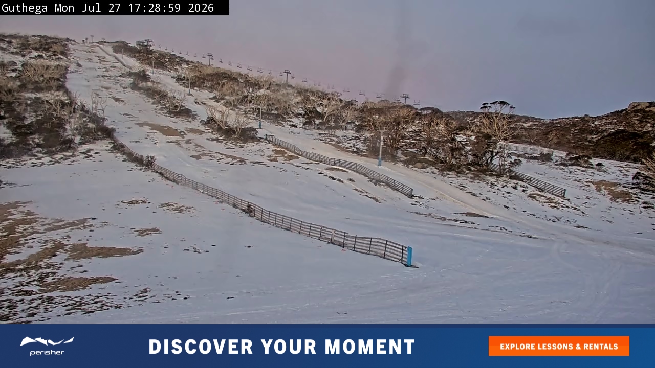 Perisher Guthega snow cam captured at 27 July 2026 at 5:34 pm AEST