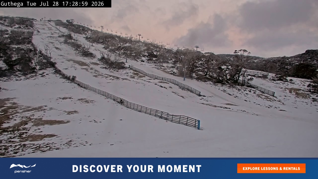 Perisher Guthega snow cam captured at 28 July 2026 at 5:35 pm AEST