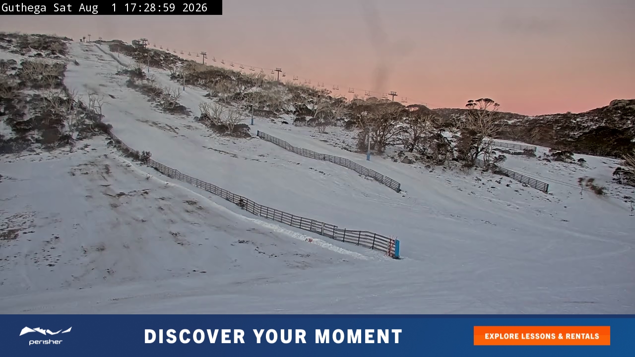 Perisher Guthega snow cam captured at 1 August 2026 at 5:30 pm AEST