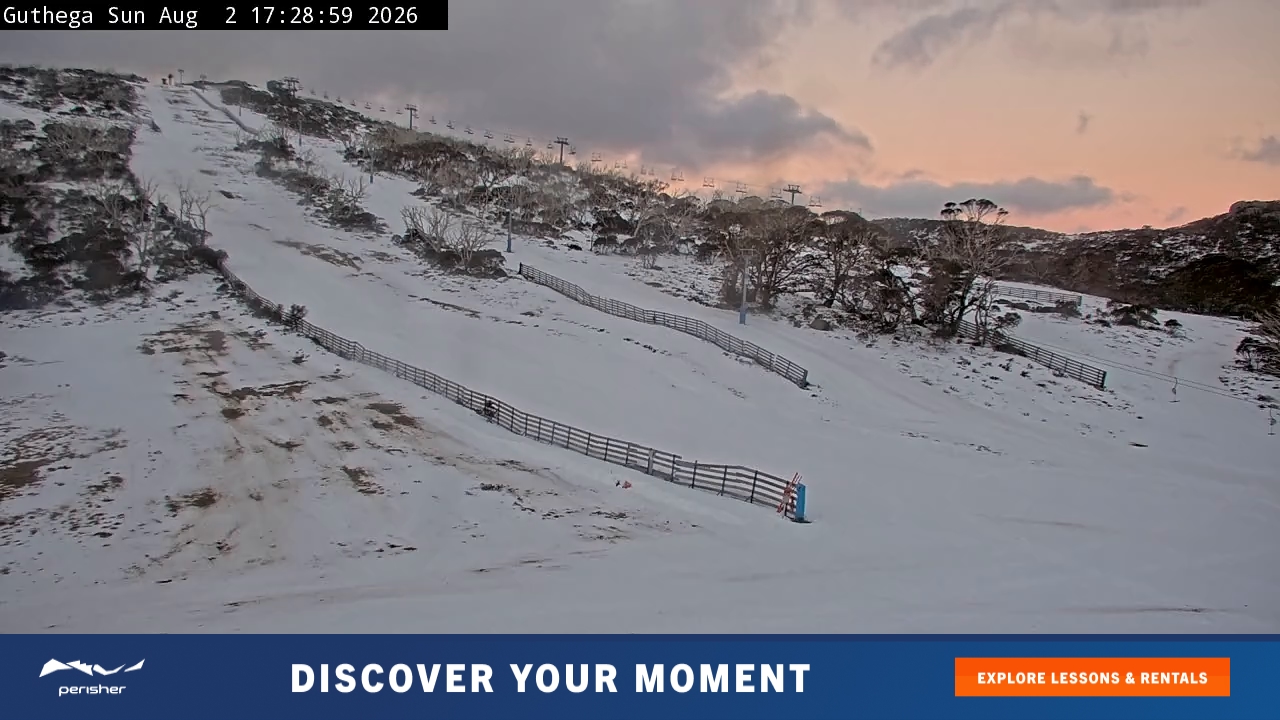 Perisher Guthega snow cam captured at 2 August 2026 at 5:38 pm AEST