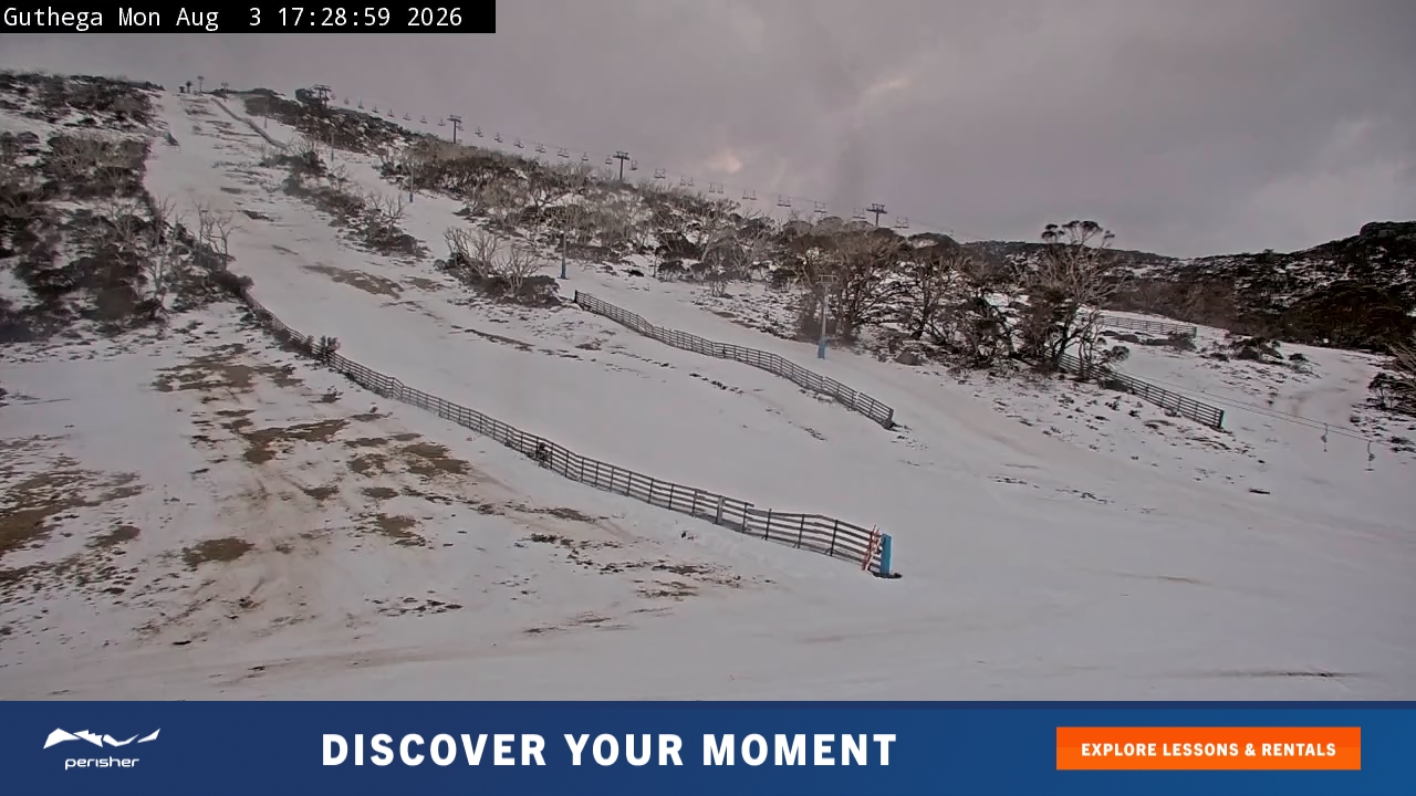 Perisher Guthega snow cam captured at 3 August 2026 at 5:39 pm AEST