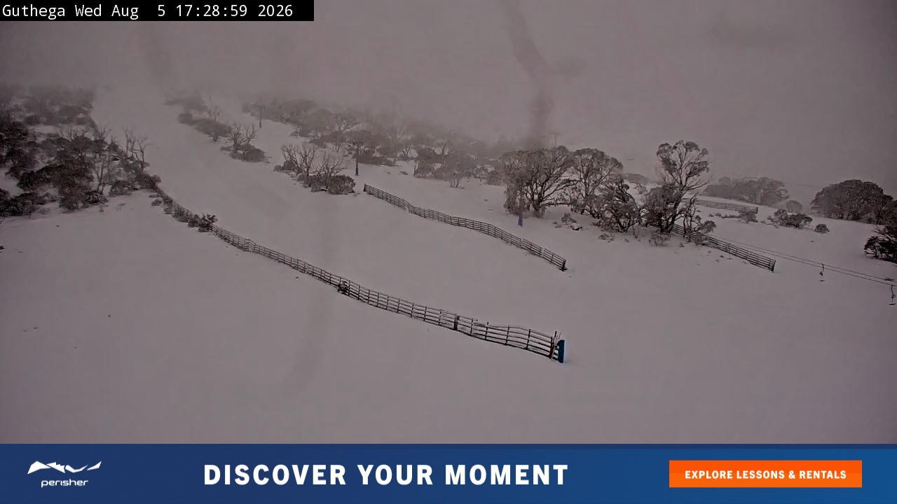 Perisher Guthega snow cam captured at 5 August 2026 at 5:30 pm AEST