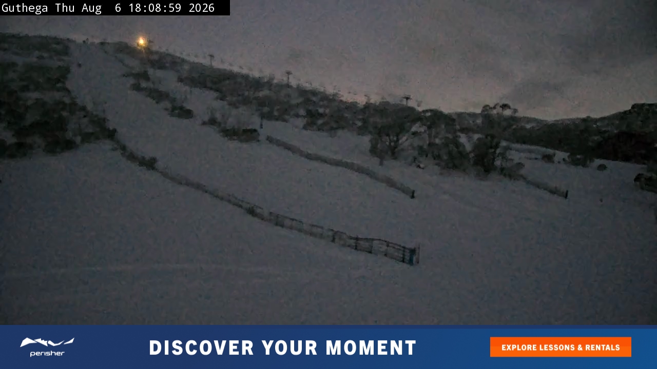 Perisher Guthega snow cam captured at 6 August 2026 at 6:16 pm AEST