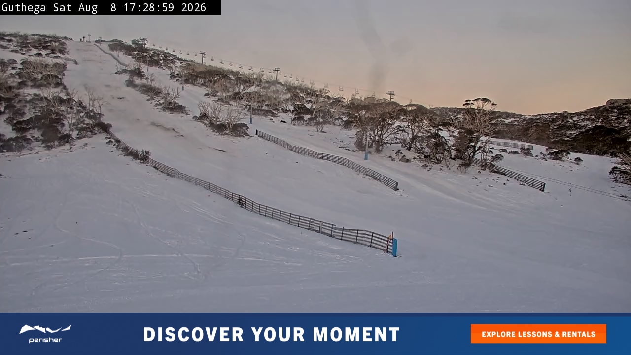 Perisher Guthega snow cam captured at 8 August 2026 at 5:34 pm AEST