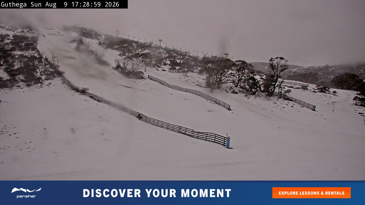 Perisher Guthega snow cam captured at 9 August 2026 at 5:35 pm AEST